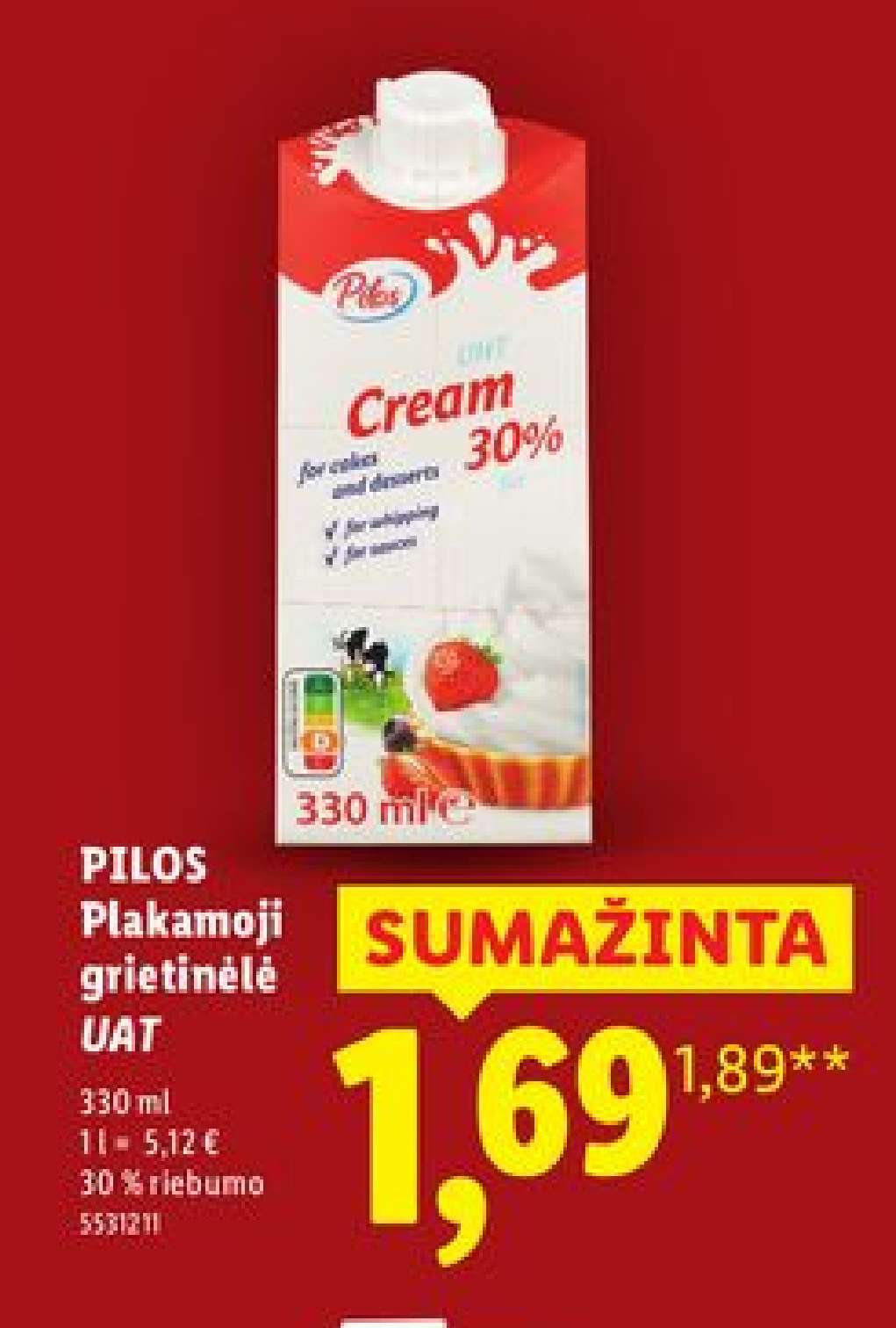PILOS Plakamoji grietinėlė UAT, 330 ml