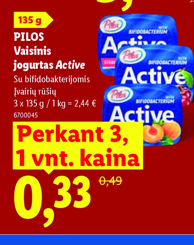PILOS Vaisinis jogurtas Active, 3 x 135 g
