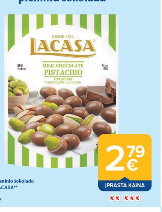 Pistacijos pieninio šokolado apvalkale LACASA, 100 g