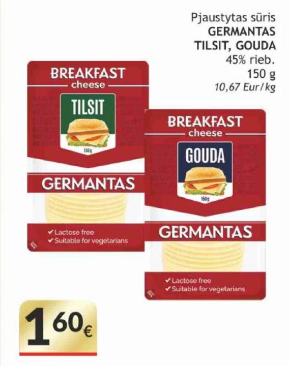 Pjaustytas sūris GERMANTAS TILSIT, GOUDA, 150 g