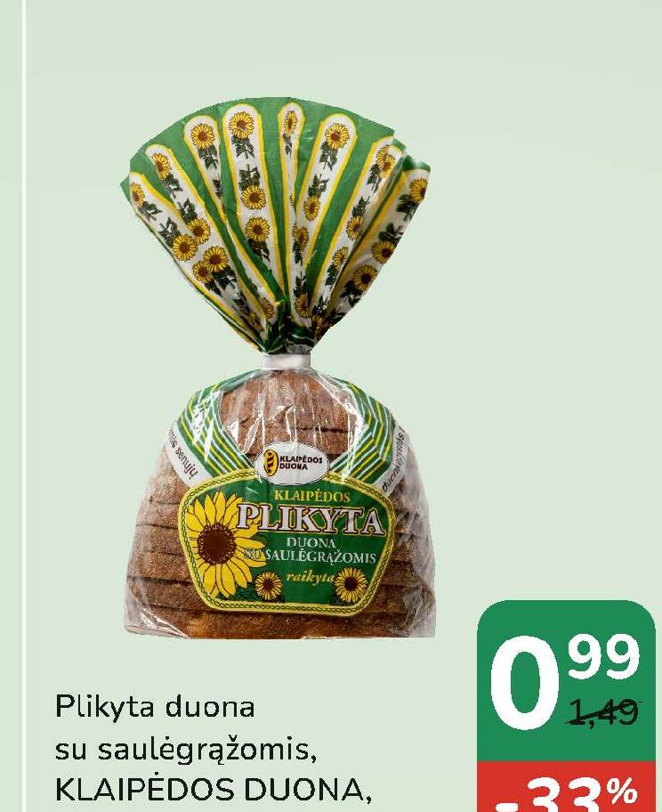 Plikyta duona su saulėgrąžomis, KLAIPĖDOS DUONA, 400 g