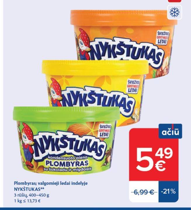 Plombyras; valgomieji ledai indelyje NYKŠTUKAS, 450 g
