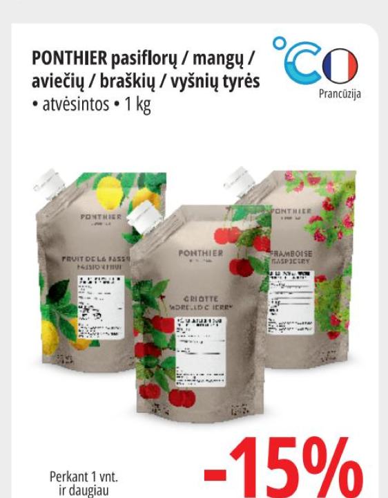 PONTHIER pasiflorų / mangų / aviečių / braškių / vyšnių tyrės, 1 kg