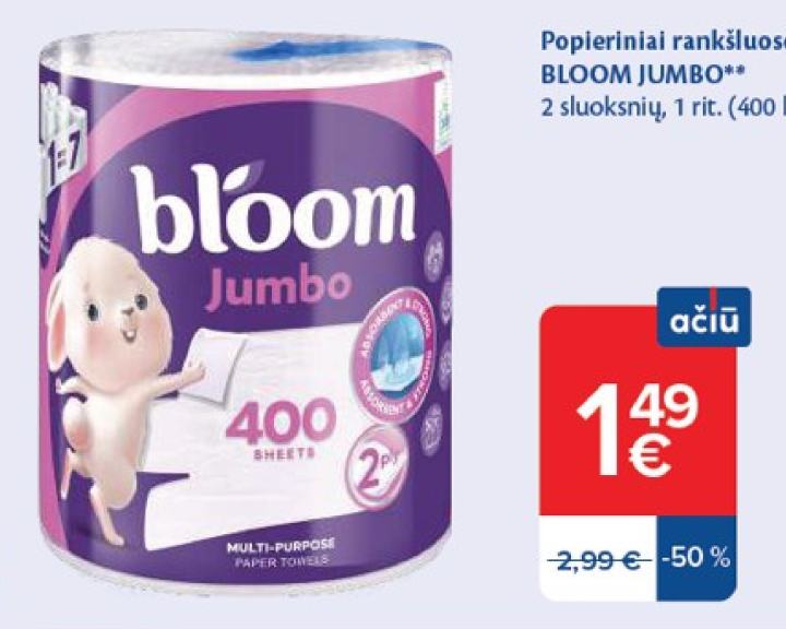 Popieriniai rankšluosčiai BLOOM JUMBO, 1 rit.