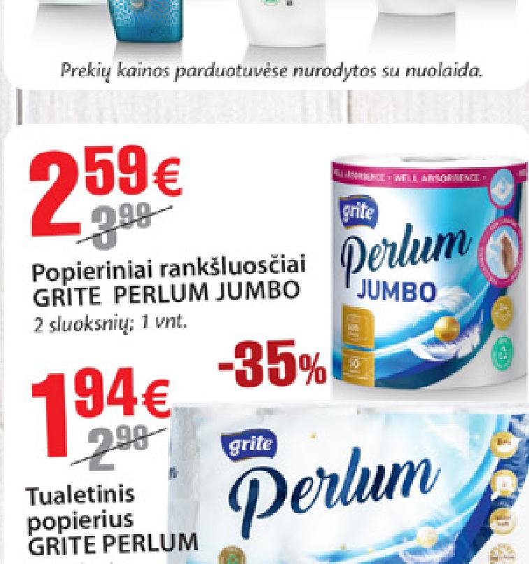 Popieriniai rankšluosčiai GRITE PERLUM JUMBO, 1 vnt