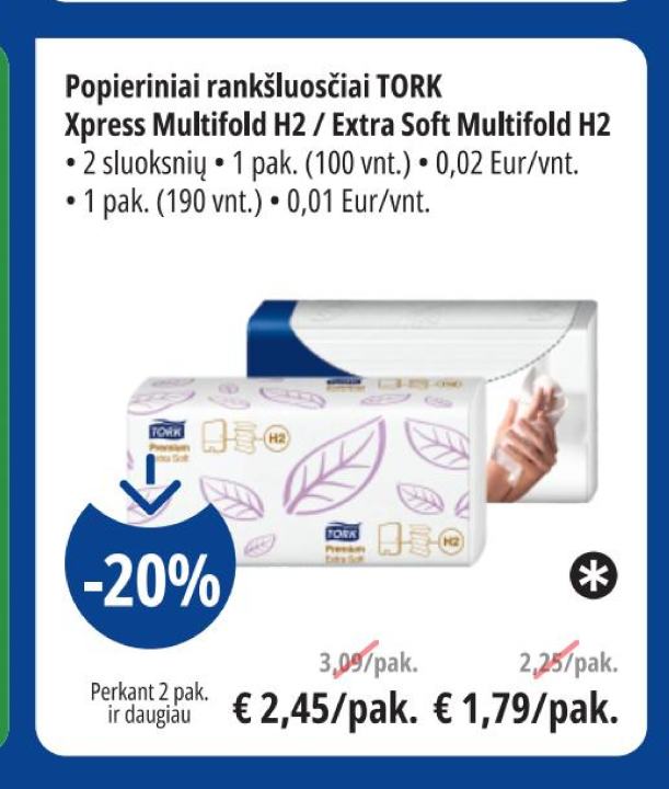 Popieriniai rankšluosčiai TORK Xpress Multifold H2 / Extra Soft Multifold H2, 1 pak.