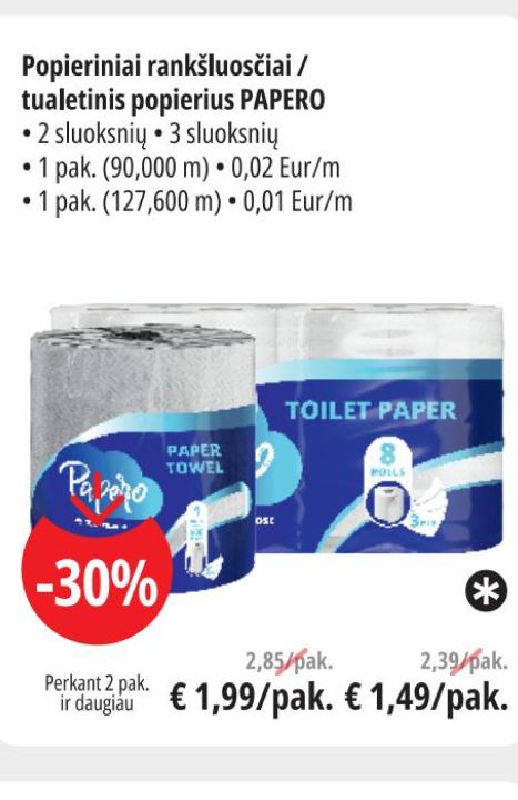 Popieriniai rankšluosčiai / tualetinis popierius PAPERO, 1 pak.