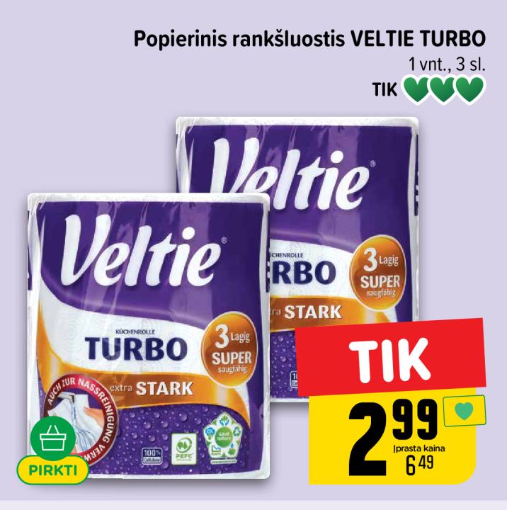 Popierinis rankšluostis VELTIE TURBO, 1 vnt