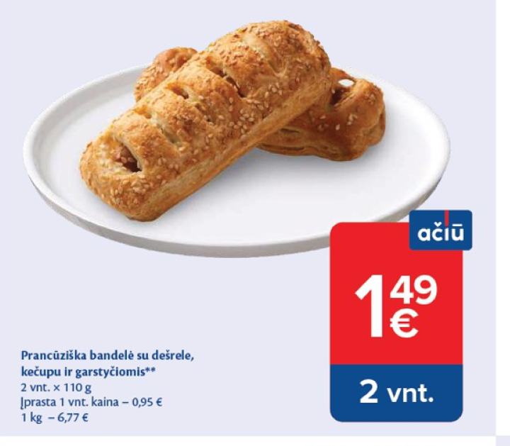 Prancūziška bandelė su dešrele, kečupu ir garstyčiomis, 2 vnt