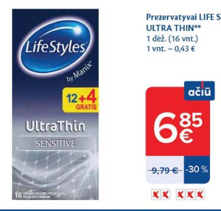 Prezervatyvai LIFE STYLES ULTRA THIN, 1 dėž.