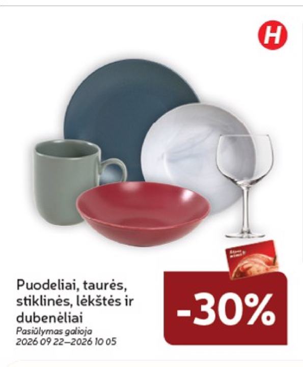 Puodeliai, taurės, stiklinės, lėkštės ir dubenėliai