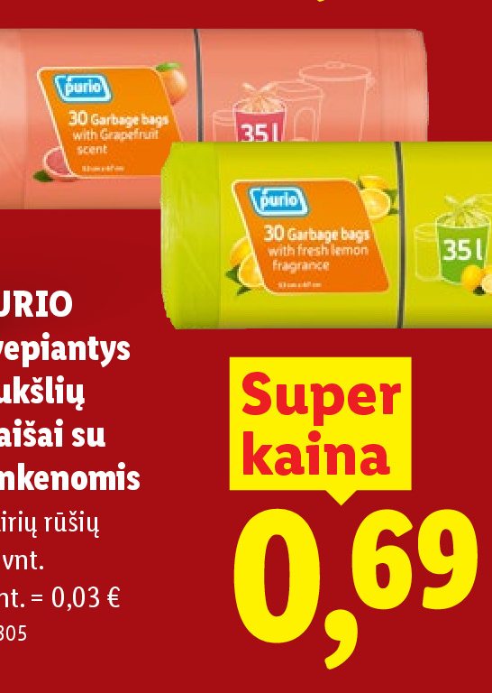 PURIO Kvepiantys šiukšlių maišai su rankenomis, 30 vnt
