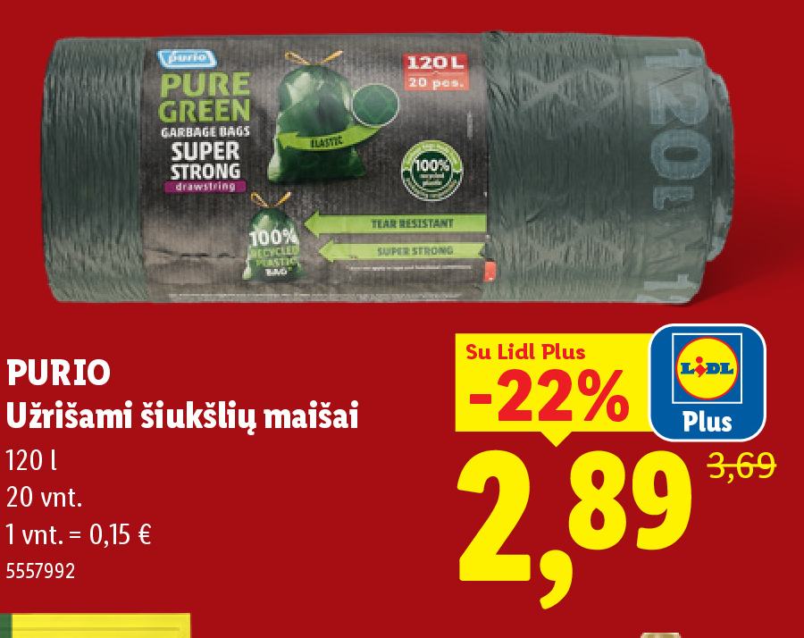 PURIO Užrišami šiukšlių maišai, 120 l