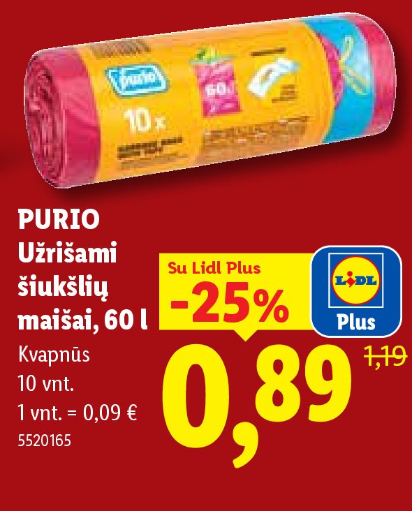 PURIO Užrišami šiukšlių maišai, 60 l