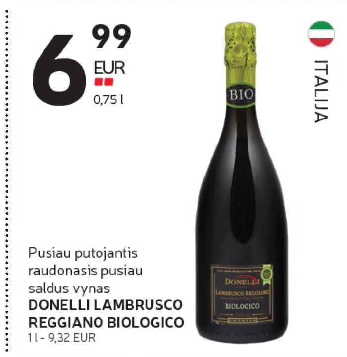 Pusiau putojantis raudonasis pusiau saldus vynas DONELLI LAMBRUSCO REGGIANO BIOLOGICO, 0.75 l