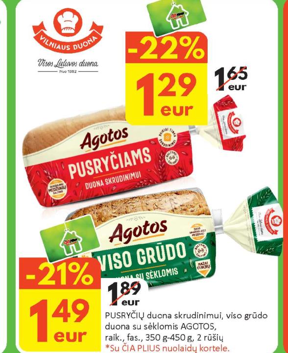PUSRYČIŲ duona skrudinimui, viso grūdo duona su sėklomis AGOTOS, 350 g-450 g