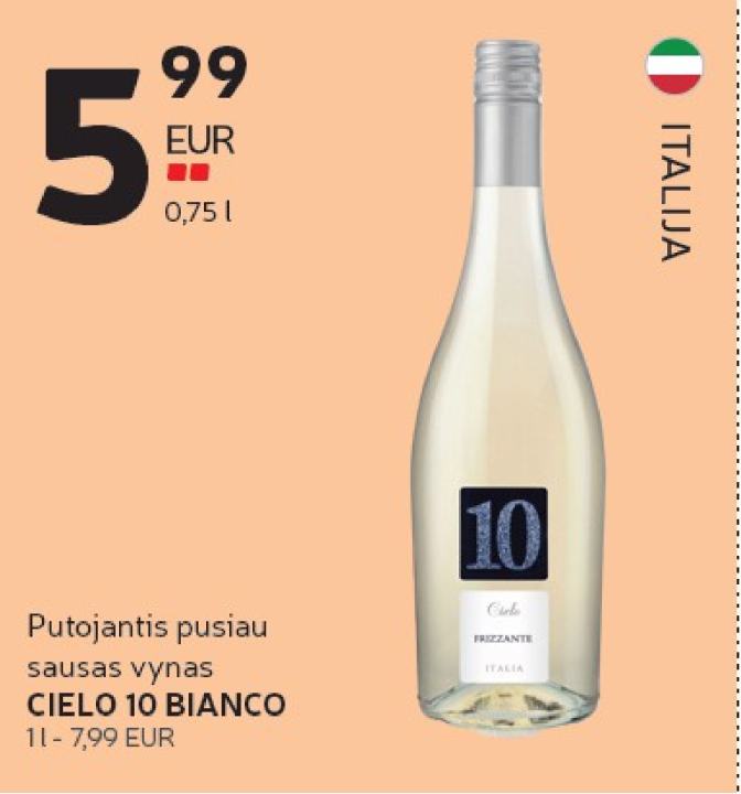 Putojantis pusiau sausas vynas CIELO 10 BIANCO, 0.75 l