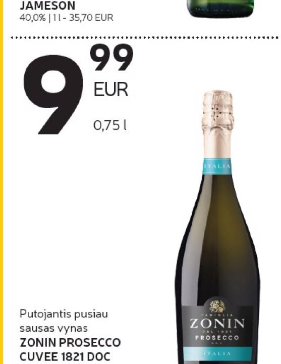 Putojantis pusiau sausas vynas ZONIN PROSECCO CUVEE 1821 DOC, 0.75 l