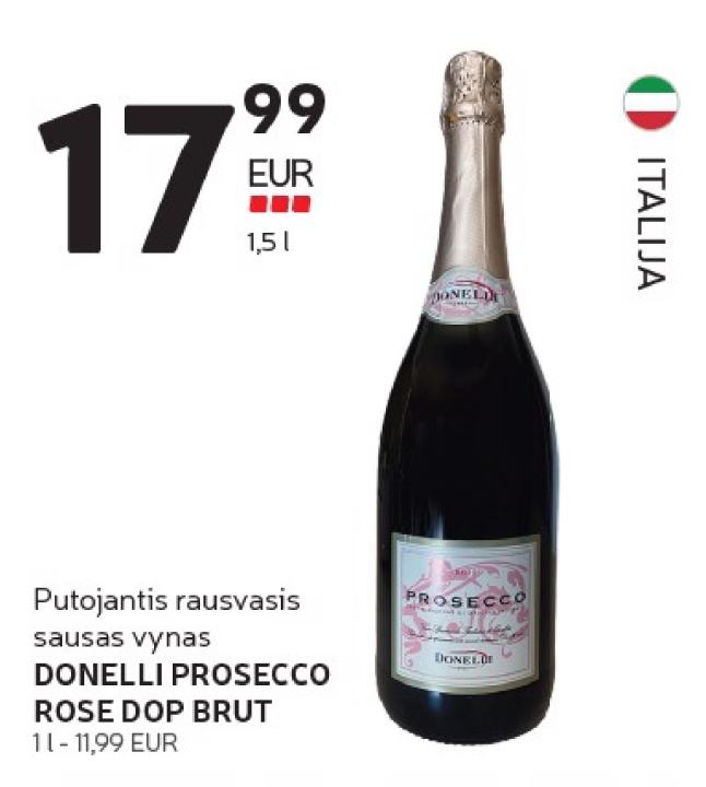Putojantis rausvasis sausas vynas DONELLI PROSECCO ROSE DOP BRUT, 1.5 l