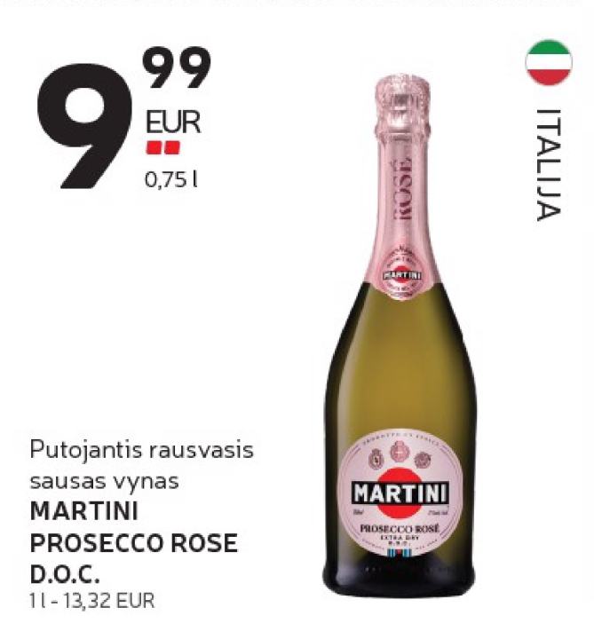 Putojantis rausvasis sausas vynas MARTINI PROSECCO ROSE D.O.C., 0.75 l