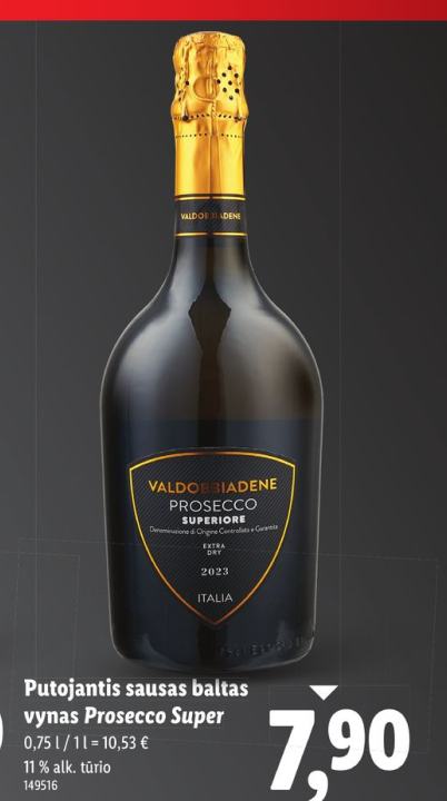 Putojantis sausas baltas vynas Prosecco Super, 0.75 l