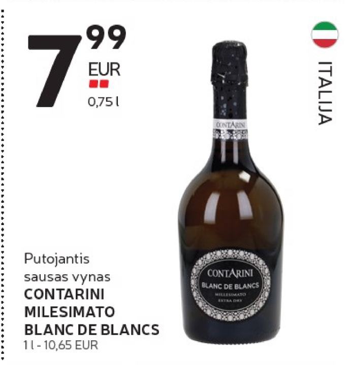 Putojantis sausas vynas CONTARINI MILESIMATO BLANC DE BLANCS, 0.75 l