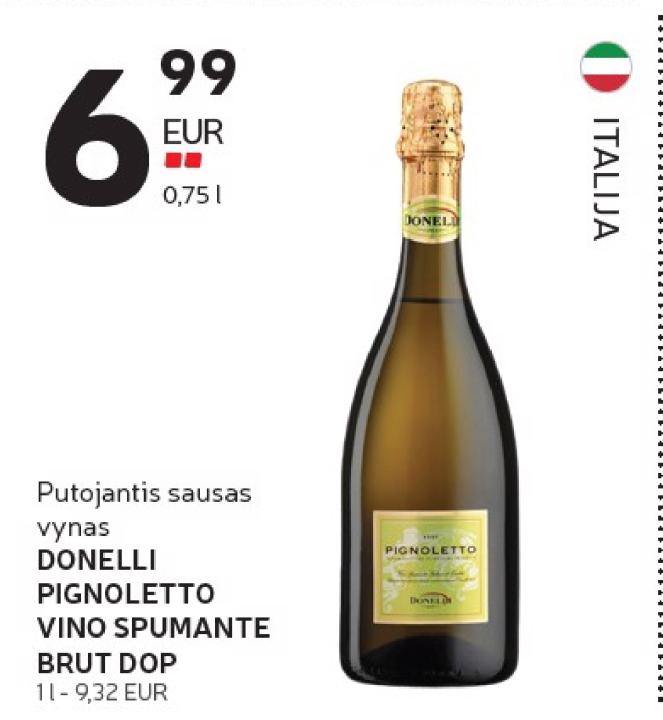 Putojantis sausas vynas DONELLI PIGNOLETTO VINO SPUMANTE BRUT DOP, 0.75 l