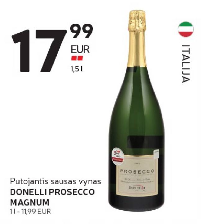 Putojantis sausas vynas DONELLI PROSECCO MAGNUM, 1.5 l