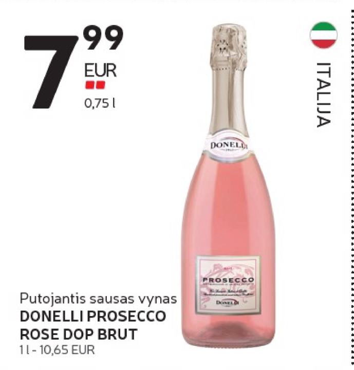 Putojantis sausas vynas DONELLI PROSECCO ROSE DOP BRUT, 0.75 l
