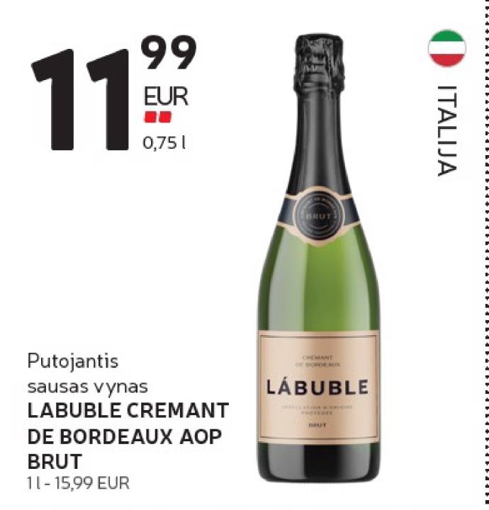 Putojantis sausas vynas LABUBLE CREMANT DE BORDEAUX AOP BRUT, 0.75 l
