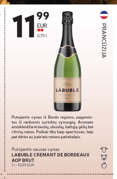 Putojantis sausas vynas LABUBLE CREMANT DE BORDEAUX AOP BRUT, 1 l