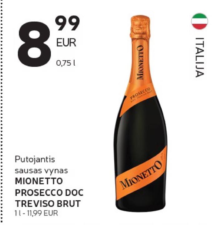 Putojantis sausas vynas MIONETTO PROSECCO DOC TREVISO BRUT, 0.75 l
