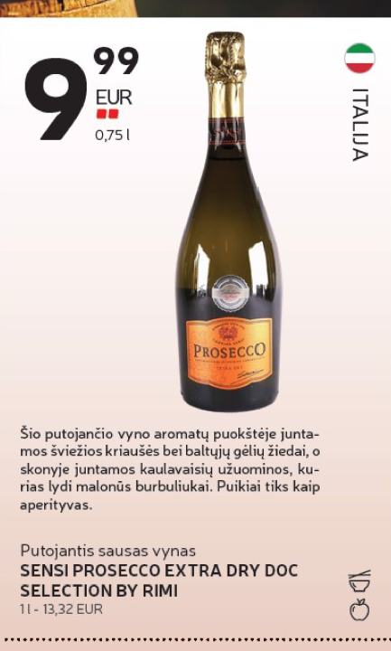 Putojantis sausas vynas SENSI PROSECCO EXTRA DRY DOC SELECTION BY RIMI, 0.75 l