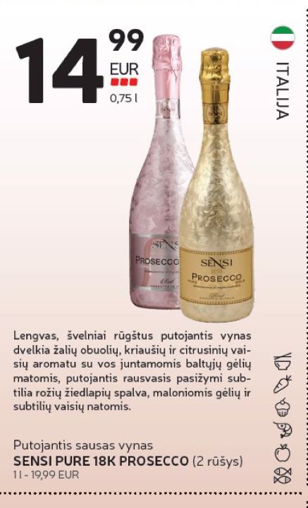 Putojantis sausas vynas SENSI PURE 18K PROSECCO, 0.75 l