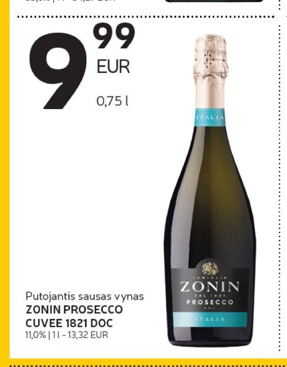 Putojantis sausas vynas ZONIN PROSECCO CUVEE 1821 DOC, 0.75 l