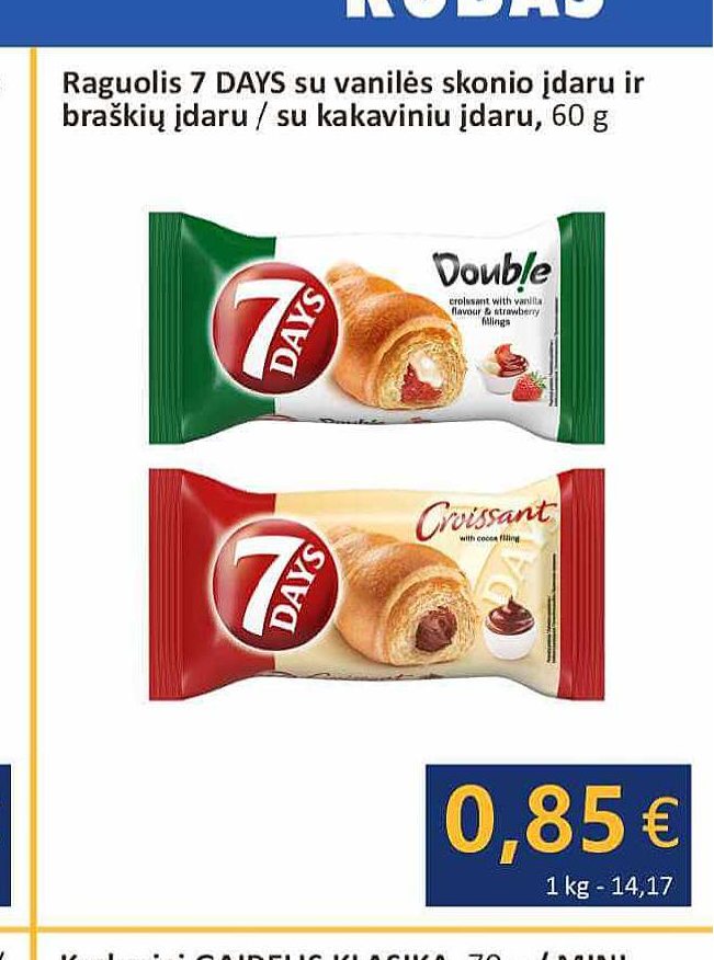 Raguolis 7 DAYS su vanilės skonio įdaru ir braškių įdaru / su kakaviniu įdaru, 60 g
