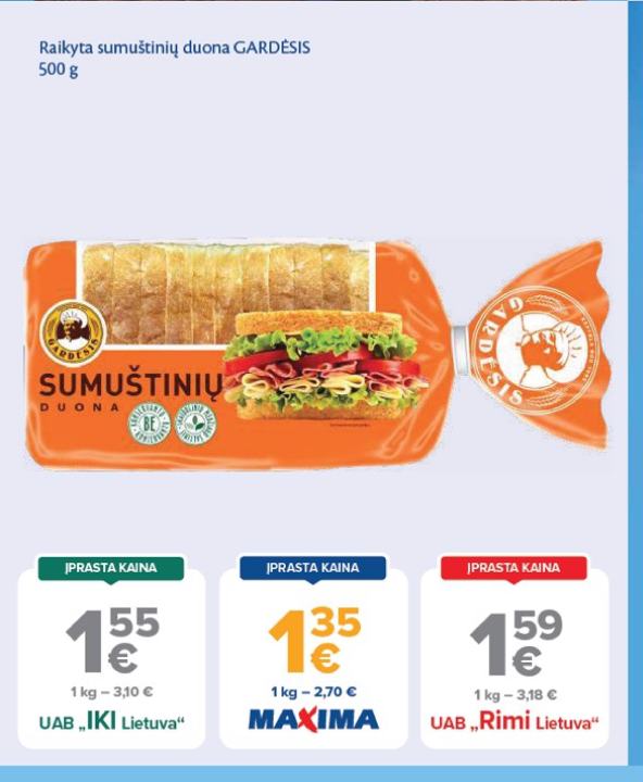 Raikyta sumuštinių duona GARDĖSIS, 500 g