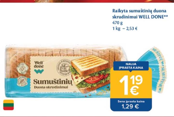 Raikyta sumuštinių duona skrudinimui WELL DONE, 470 g