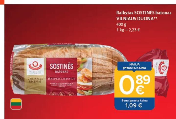 Raikytas SOSTINĖS batonas VILNIAUS DUONA, 400 g