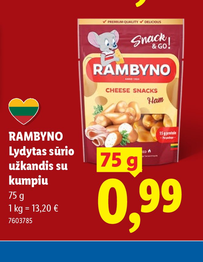 RAMBYNO Lydytas sūrio užkandis su kumpiu, 75 g