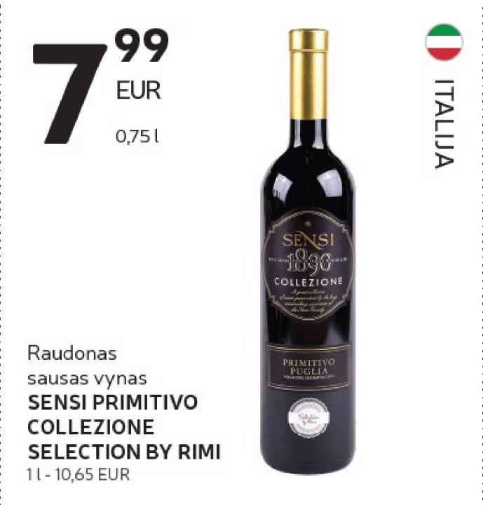 Raudonas sausas vynas SENSI PRIMITIVO COLLEZIONE SELECTION BY RIMI, 0.75 l