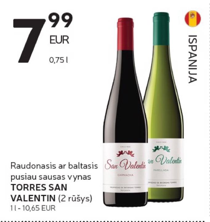 Raudonasis ar baltasis pusiau sausas vynas TORRES SAN VALENTIN, 0.75 l