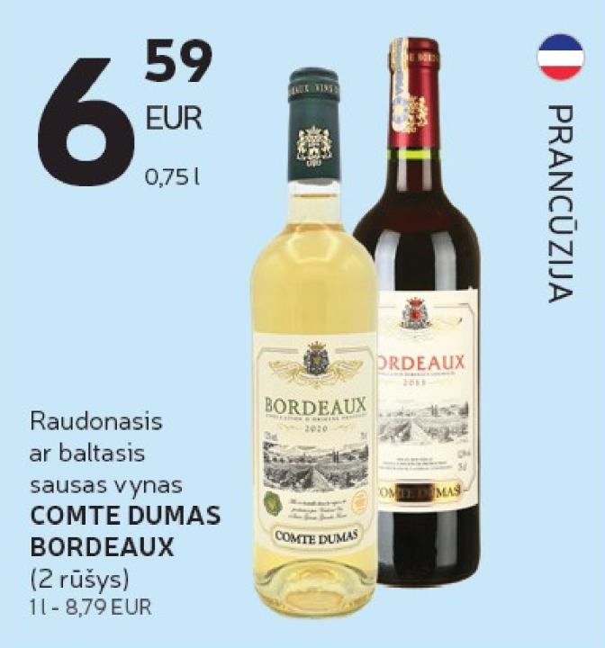 Raudonasis ar baltasis sausas vynas COMTE DUMAS BORDEAUX, 0.75 l