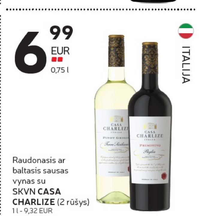 Raudonasis ar baltasis sausas vynas su SKVN CASA CHARLIZE, 0.75 l