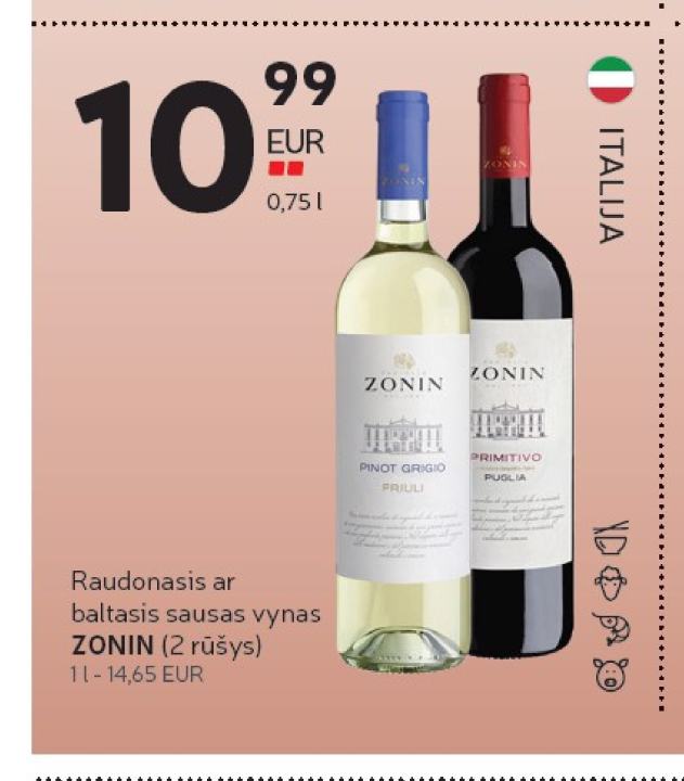 Raudonasis ar baltasis sausas vynas ZONIN, 1 l