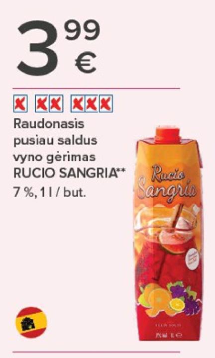 Raudonasis pusiau saldus vyno gėrimas RUCIO SANGRIA, 1 l