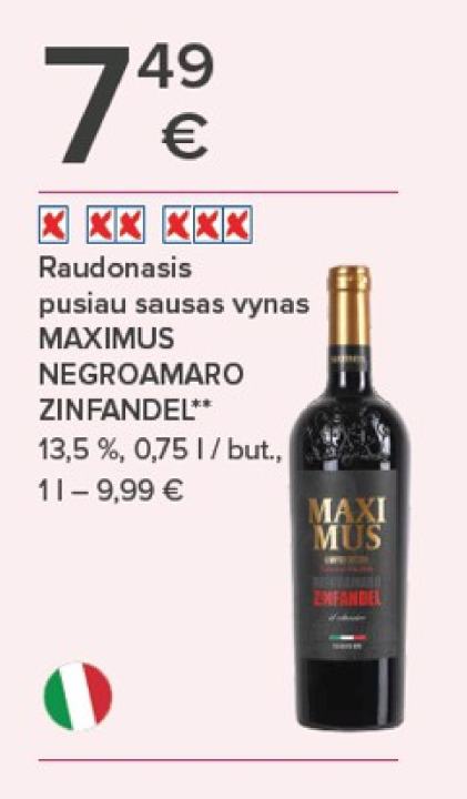 Raudonasis pusiau sausas vynas MAXIMUS NEGROAMARO ZINFANDEL, 0.75 l