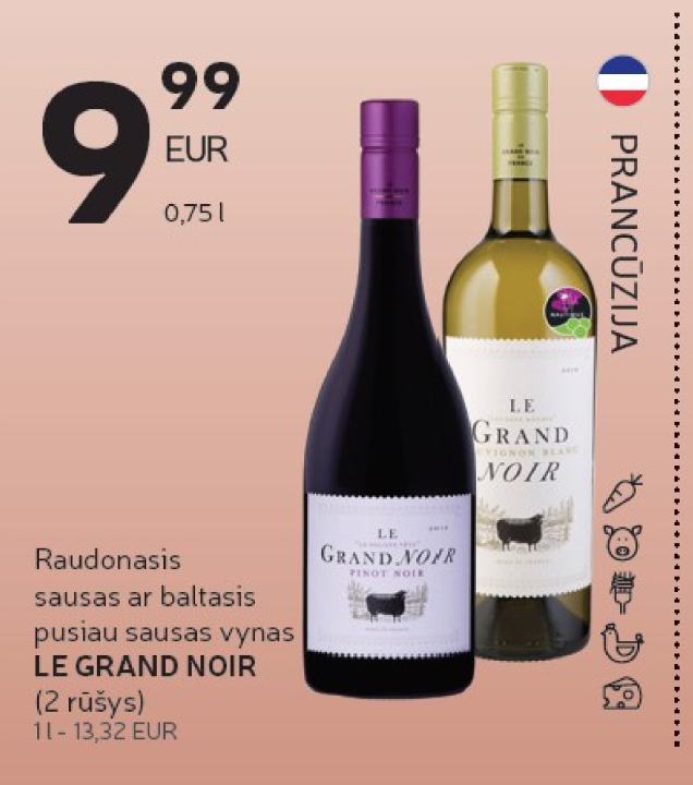 Raudonasis sausas ar baltasis pusiau sausas vynas LE GRAND NOIR, 0.75 l