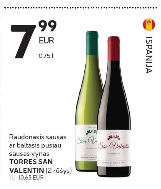 Raudonasis sausas ar baltasis pusiau sausas vynas TORRES SAN VALENTIN, 0.75 l
