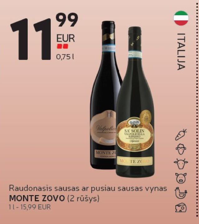 Raudonasis sausas ar pusiau sausas vynas MONTE ZOVO, 0.75 l